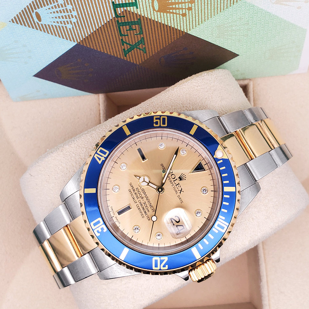 2004 Rolex Submariner Date Factory Diamond Serti 2-Tone Yellow Gold/Steel Oyster Watch 16613 Box Papers