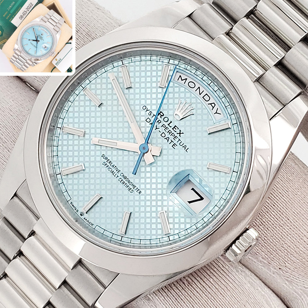 2022 Rolex President Day-Date 228206 40mm Ice Blue Diagonal Motif Index Dial Platinum Watch Box Papers