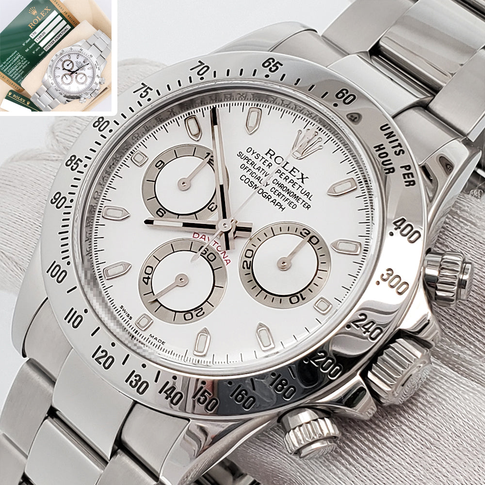Rolex Cosmograph Daytona White Dial Engraved Rehaut 116520 Steel 40mm Watch Box Papers