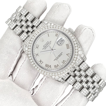 Rolex Datejust 36mm Silver Roman Dial Pave 10.2ct Iced Diamond Jubilee Watch 116200 Box Papers