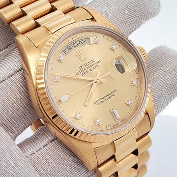 Rolex President Day-Date 36mm Factory Champagne Diamond Dial Yellow Gold Watch 18038