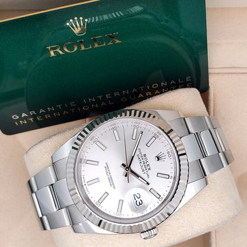 2023 Rolex Datejust 41 Silver Index White Gold Fluted Bezel Oyster Steel Watch 126334 Box Papers