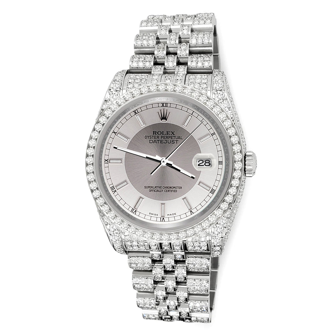 Rolex Datejust 36mm Pave 10.2ct Iced Diamond Silver Tuxedo Dial Jubilee Watch 116200 Box Papers