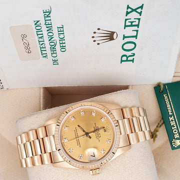 Rolex President Datejust 31mm Factory Champagne Diamond Dial Yellow Gold 68278 Watch Box Papers