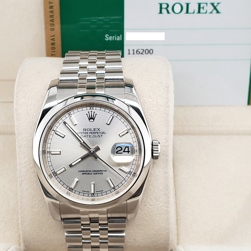 Rolex Datejust 36mm Silver Index Steel Jubilee Watch 116200 Box Papers