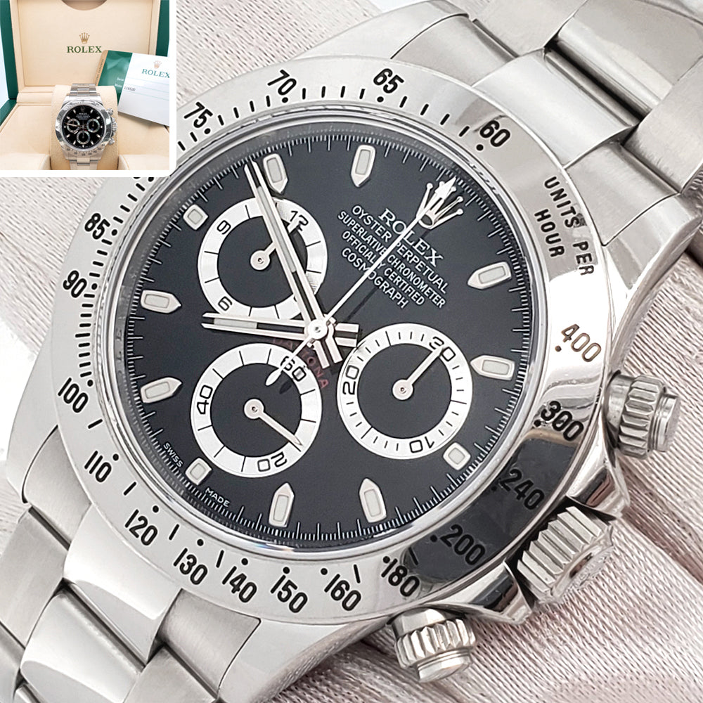 Rolex Cosmograph Daytona Engraved Rehaut 40mm 116520 Black Dial Steel Watch Box Papers