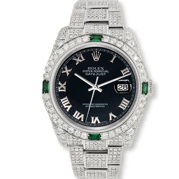 Rolex Datejust 36mm 116200 12.4CT Diamond Emeralds Bezel/Case/Bracelet/Black Roman Dial Steel Watch Box Papers