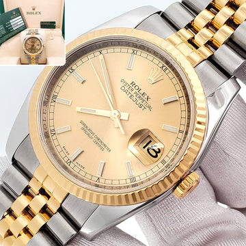 Rolex Datejust 36mm 2-Tone Yellow Gold/Steel Champagne Index Watch 116233 Box/Papers/Tag