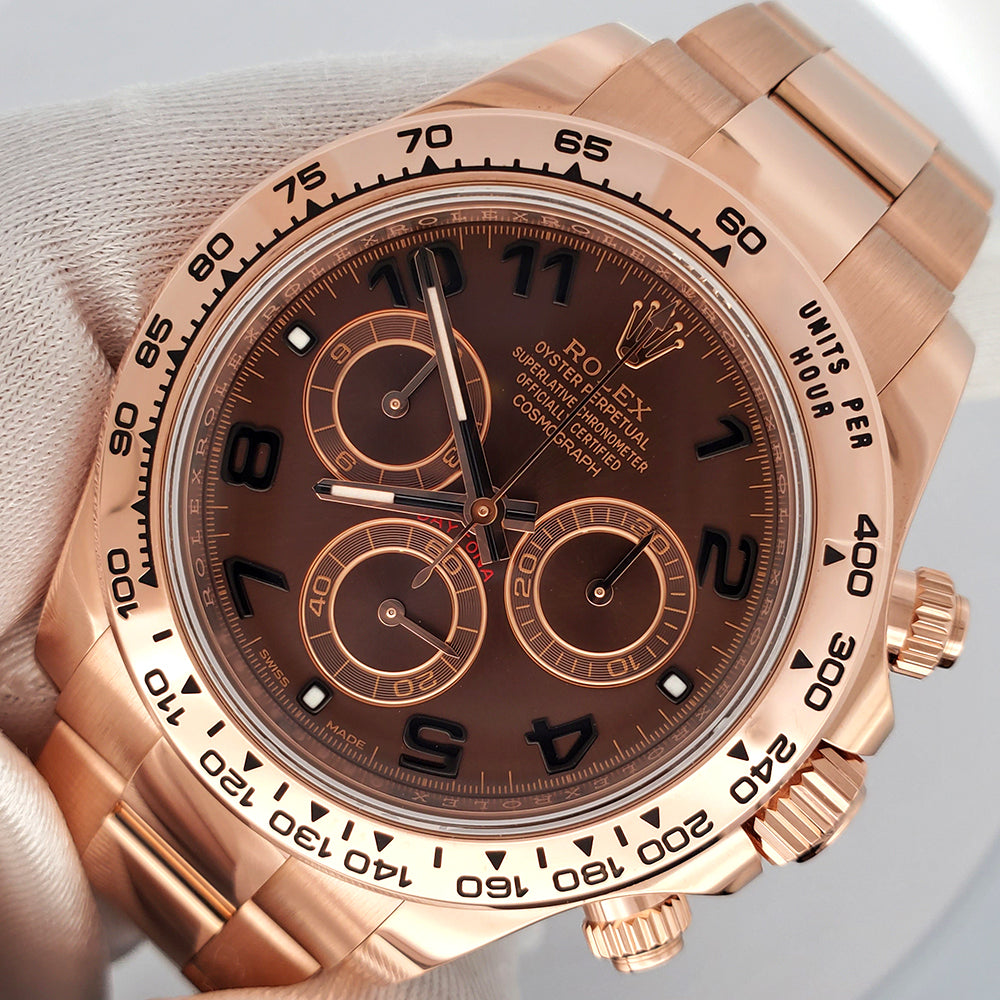 Rolex Daytona 40mm Rose Gold Chocolate Arabic Dial Cosmograph Watch 116505 Box Papers