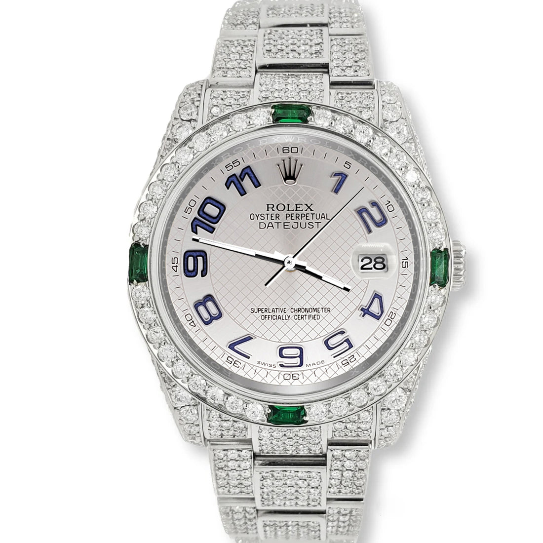 Rolex Datejust 36mm 116200 12.4CT Diamond Emeralds Bezel/Case/Bracelet/Silver Decorated Blue Arabic Dial Steel Watch Box Papers