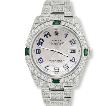 Rolex Datejust 36mm 116200 12.4CT Diamond Emeralds Bezel/Case/Bracelet/Silver Decorated Blue Arabic Dial Steel Watch Box Papers