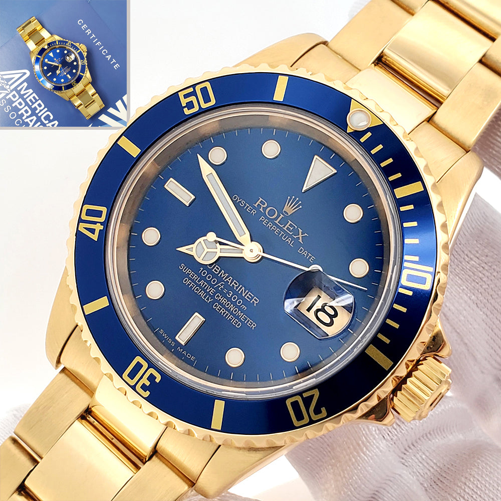 2005 Rolex Submariner Date 18K Yellow Gold Factory Blue Dial/Bezel 40mm Oyster Watch 16618 T