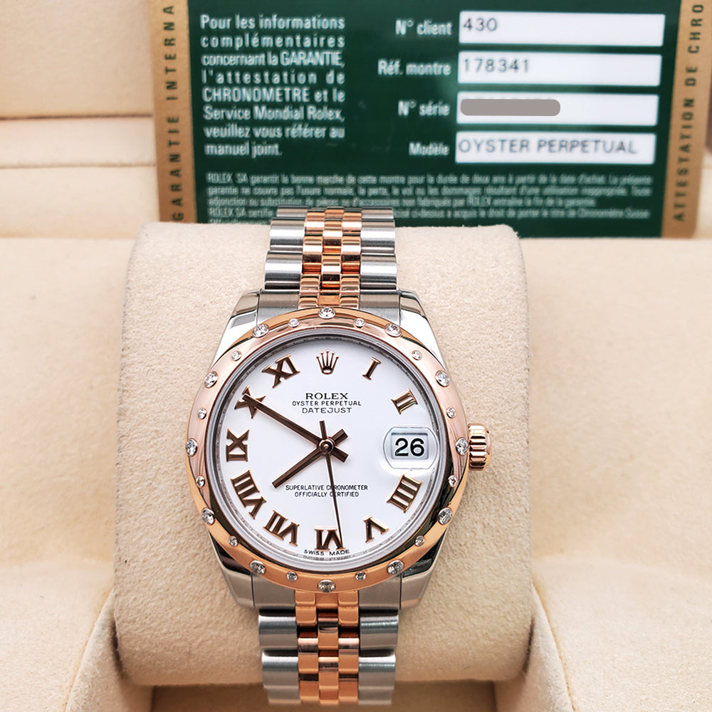 Rolex Datejust 31mm Scattered Diamond Bezel White Roman 2-tone Rose Gold/Steel Watch Box Papers