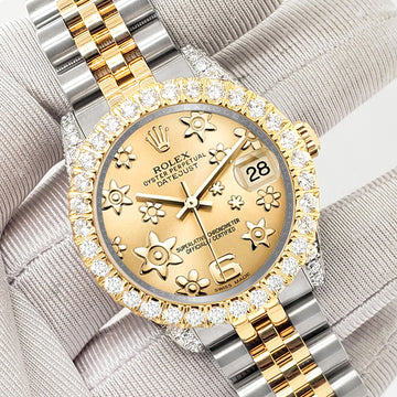 Rolex Datejust 31mm 2-Tone 178273 Champagne Floral Dial 4.4ct Diamond Bezel/Case Watch