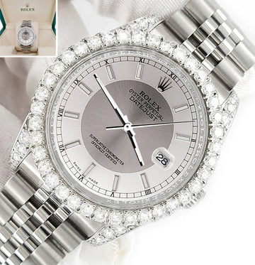 Rolex Datejust 116200 36mm 3.9CT Diamond Bezel/Lugs/Silver Tuxedo Dial Steel Watch