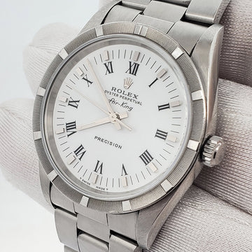 Rolex Air-King 34mm 14010 White Roman Dial Engine Turned Bezel Steel Oyster Watch