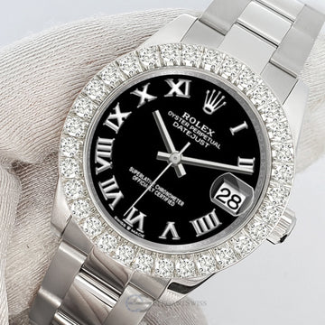 Rolex Datejust 178240 31mm Black Roman Dial 2.25ct Diamond Bezel Steel Watch