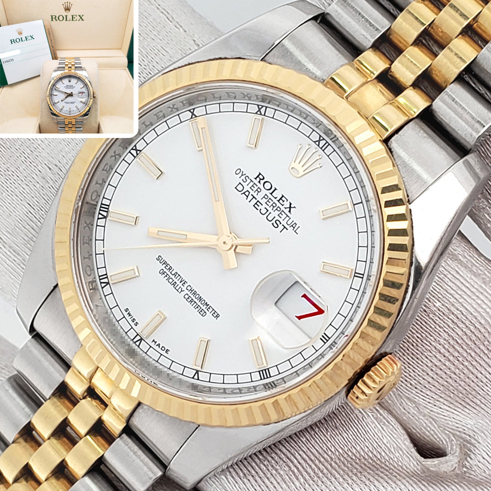 Rolex Datejust 36mm 116233 White Index 2-tone Yellow Gold/Steel Jubilee Watch Box Papers