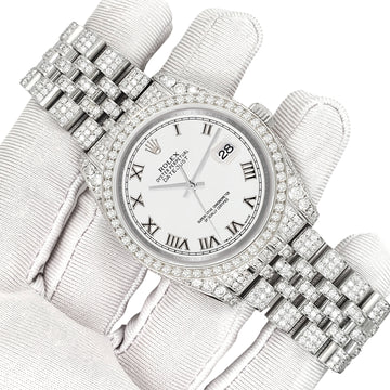 Rolex Datejust 36mm White Roman Dial Pave 10.2ct Iced Diamond Jubilee Watch 116200 Box Papers