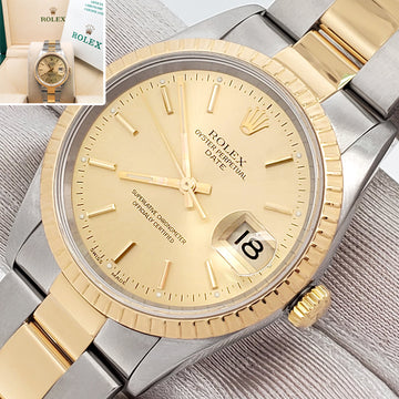 Rolex Date 34mm 2-Tone Yellow Gold/Steel Champagne Dial Oyster 15223 Watch Box Papers