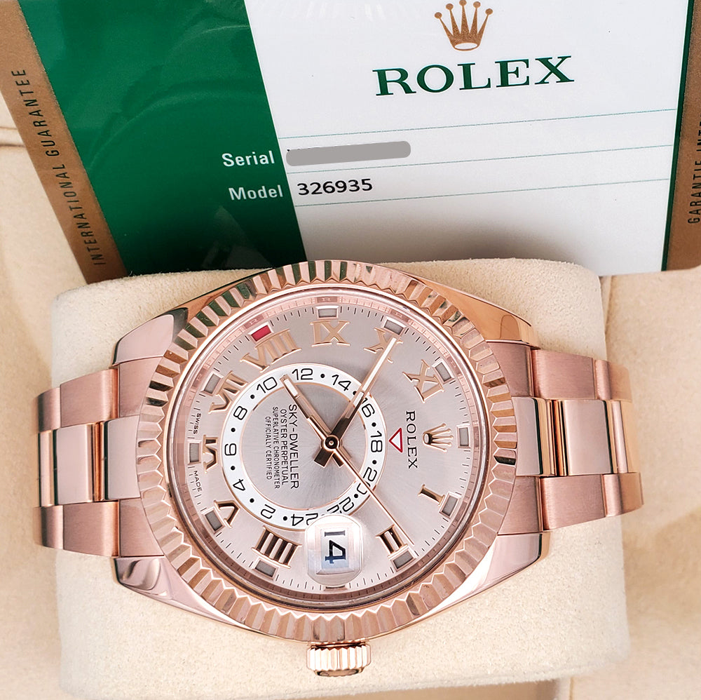 Rolex Sky-Dweller 42mm Sundust Roman Dial Rose Gold Watch 326935 Box Papers