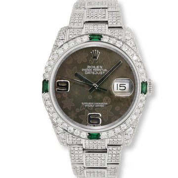 Rolex Datejust 36mm 12.4ct Diamonds Emeralds Bezel/Case/Bracelet Rhodium Floral Dial Steel Watch Box Papers