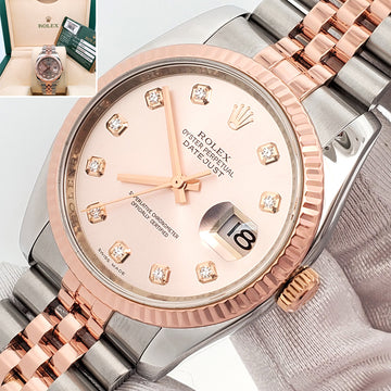 Rolex Datejust 36mm 116231 Factory Pink Diamond Dial 2-Tone Rose Gold Fluted Jubilee Watch Box/Papers/Tag