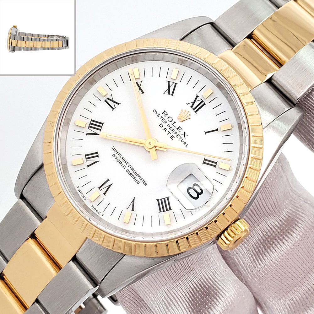 Rolex Date 34mm White Roman Dial 2-Tone Yellow Gold/Steel Oyster 15223 Watch