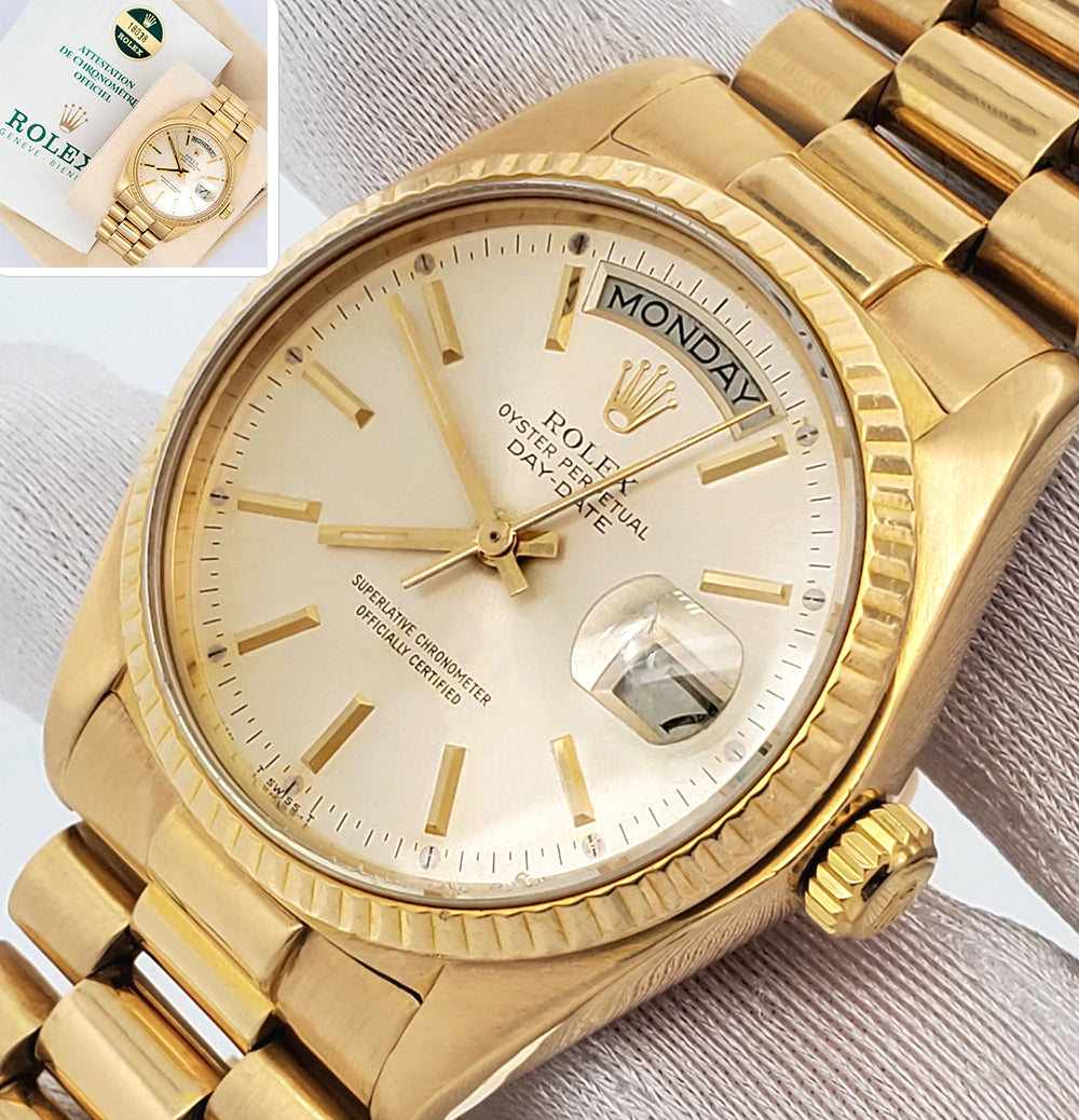 Rolex President Day-Date 36mm Silver Index Dial Yellow Gold 18038 Watch Box Papers