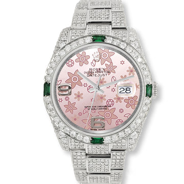 Rolex Datejust 36mm 116200 12.4CT Diamond Emeralds Bezel/Case/Bracelet/Pink Floral Dial Steel Watch Box Papers