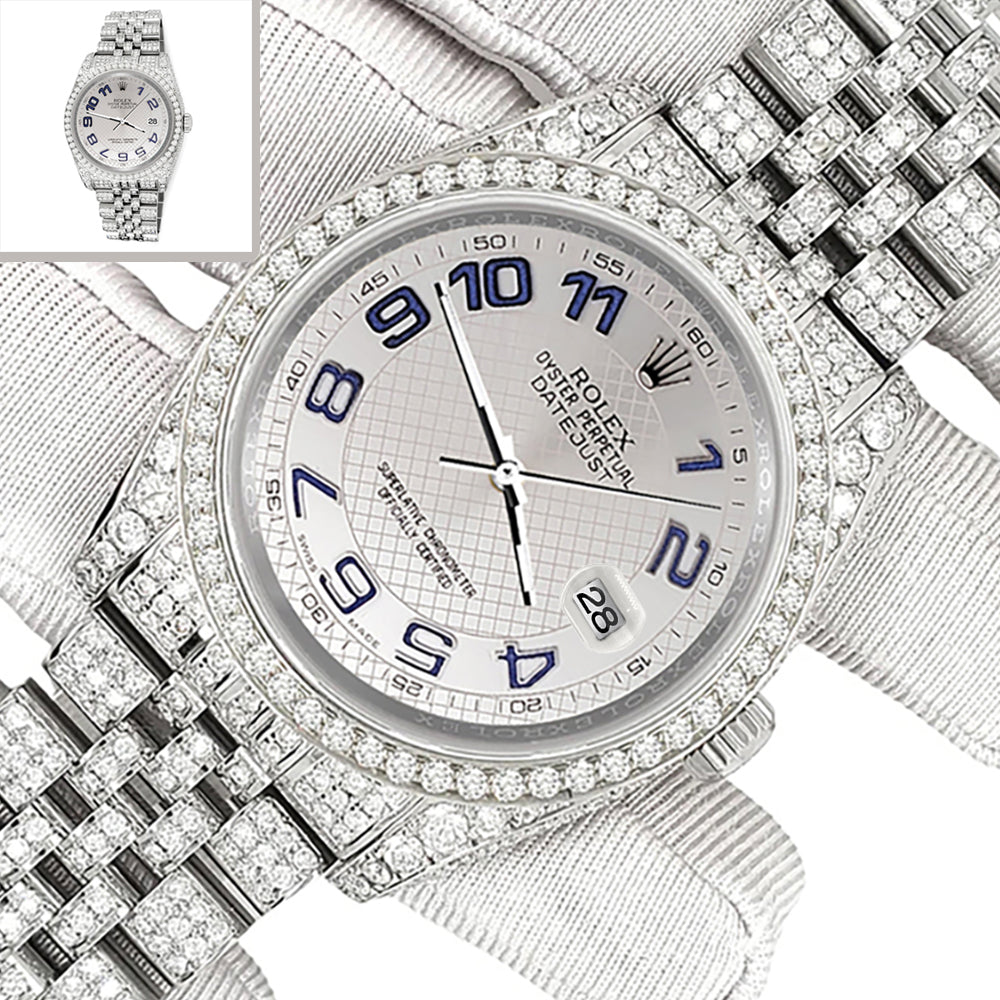 Rolex Datejust 36mm Pave 10.2ct Iced Diamond Silver Decorated Blue Arabic Dial Jubilee Watch 116200 Box Papers