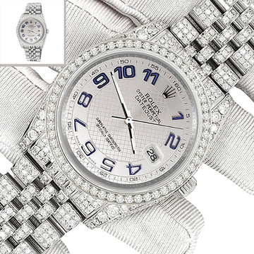 Rolex Datejust 36mm Pave 10.2ct Iced Diamond Silver Decorated Blue Arabic Dial Jubilee Watch 116200 Box Papers