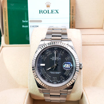 Rolex Datejust II 41mm 116334 Gray Roman White Gold Fluted Bezel Steel Watch Box Papers