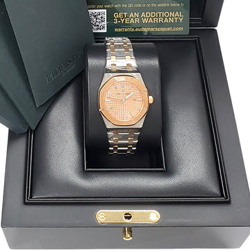 Unworn Audemars Piguet Lady Royal Oak 33mm Pink Dial Rose Gold/Steel Watch Box Papers 67650SR.OO.1261SR.01