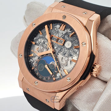 Hublot Classic Fusion Aerofusion Moonphase 45mm King Gold Skeleton Watch 517.OX.0180.LR Box Papers