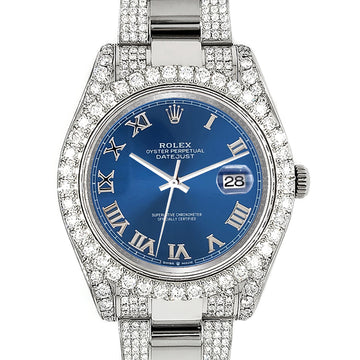 Rolex Datejust II 41mm 10.3CT Pave Diamond Bezel/Case/Bracelet/Blue Roman Dial Steel Watch 116300 Box Papers