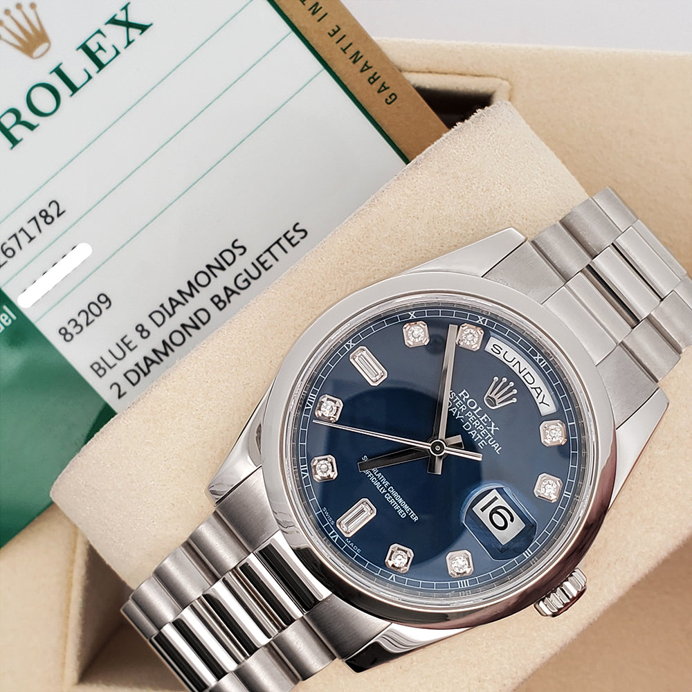 2019 Rolex President Day-Date Blue Baguettes Diamond Dial White Gold Watch 118209 Box Papers