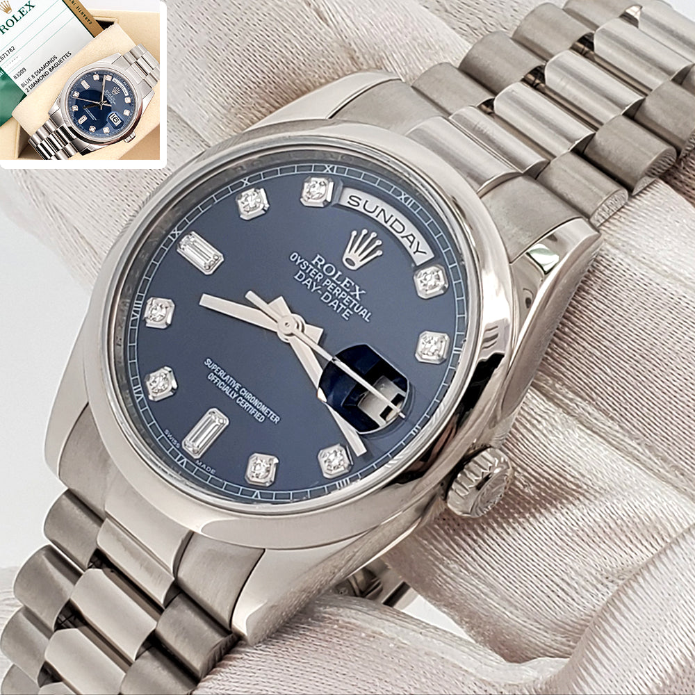2019 Rolex President Day-Date Blue Baguettes Diamond Dial White Gold Watch 118209 Box Papers