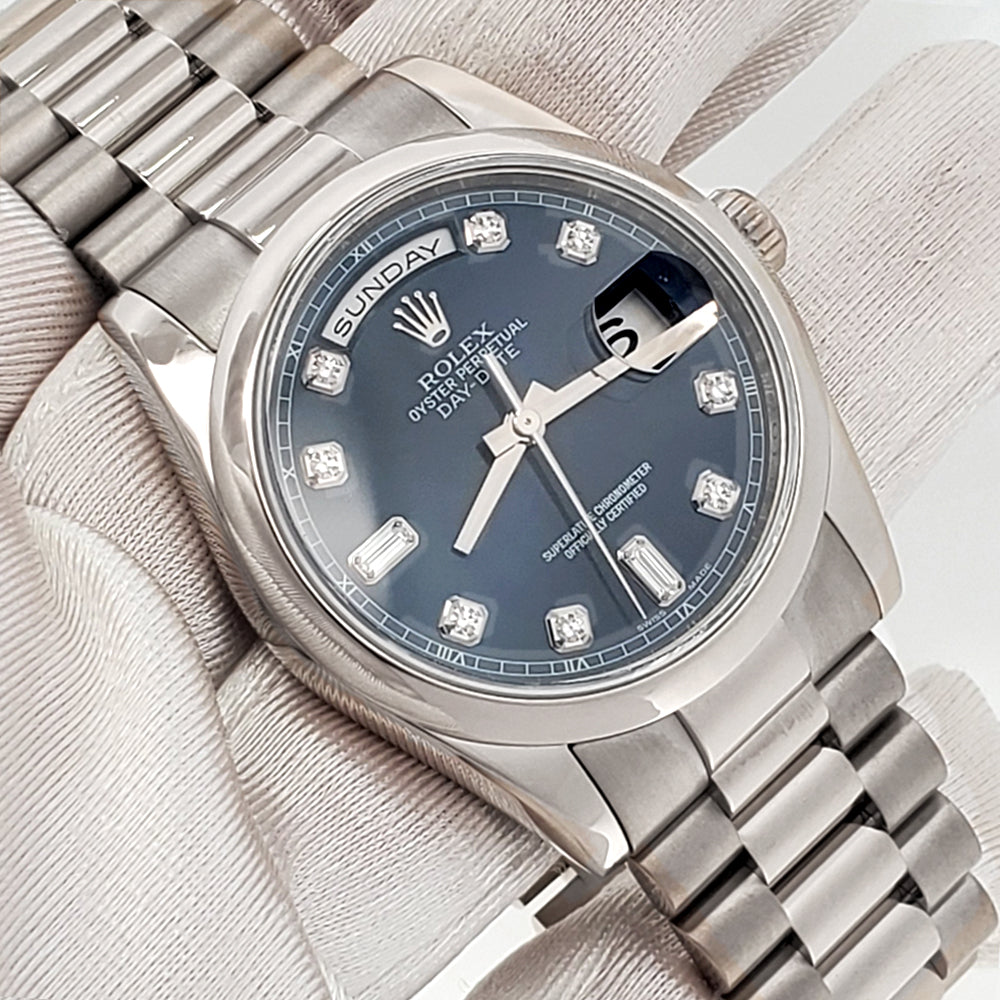 2019 Rolex President Day-Date Blue Baguettes Diamond Dial White Gold Watch 118209 Box Papers