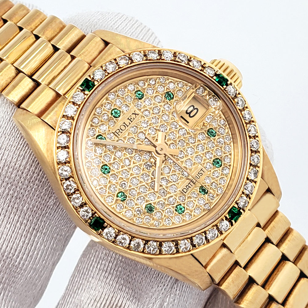Rolex President Ladies Custom Diamond Pave Ruby Dial/Bezel Yellow Gold Watch 26mm 69178