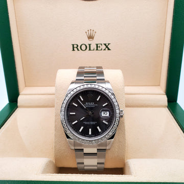 Rolex Datejust 41 126300 Grey Index 2.4CT Diamond Bezel Steel Oyster Watch Box Papers