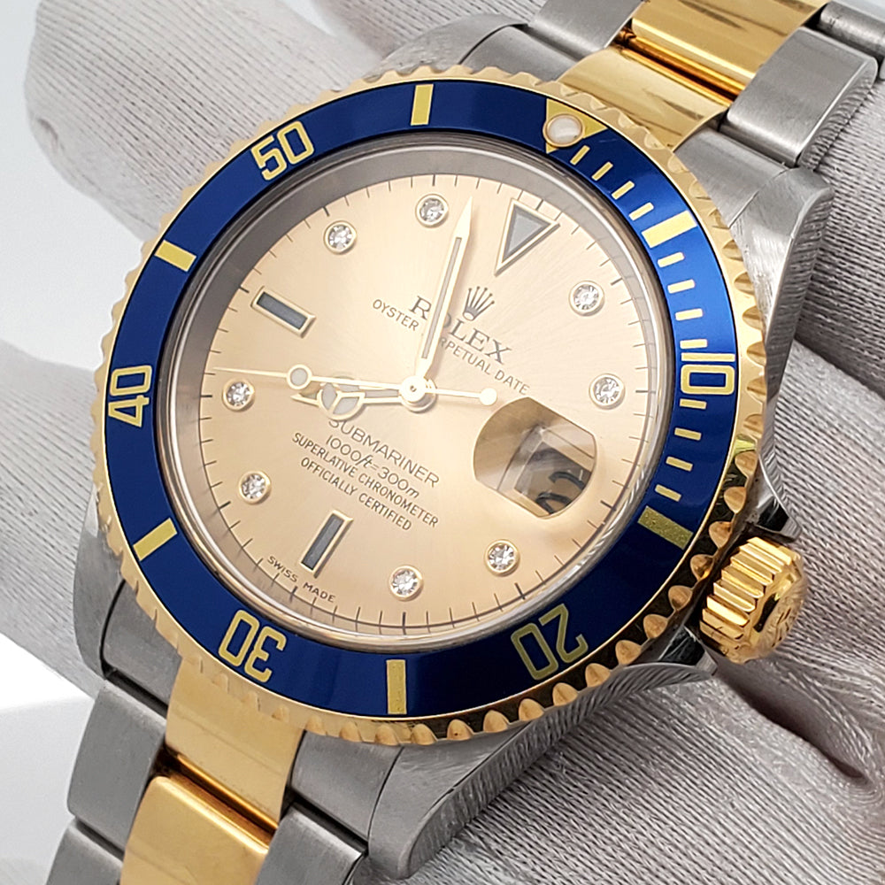 2004 Rolex Submariner Date Factory Diamond Serti 2-Tone Yellow Gold/Steel Oyster Watch 16613 Box Papers