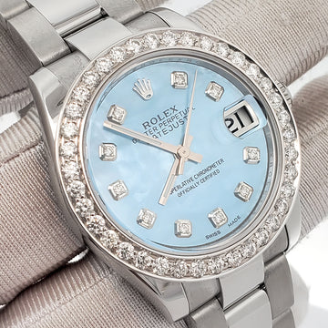 Rolex Datejust 31mm 1.62ct Diamond Bezel/Sky Blue MOP Dial 178240 Watch Box Papers