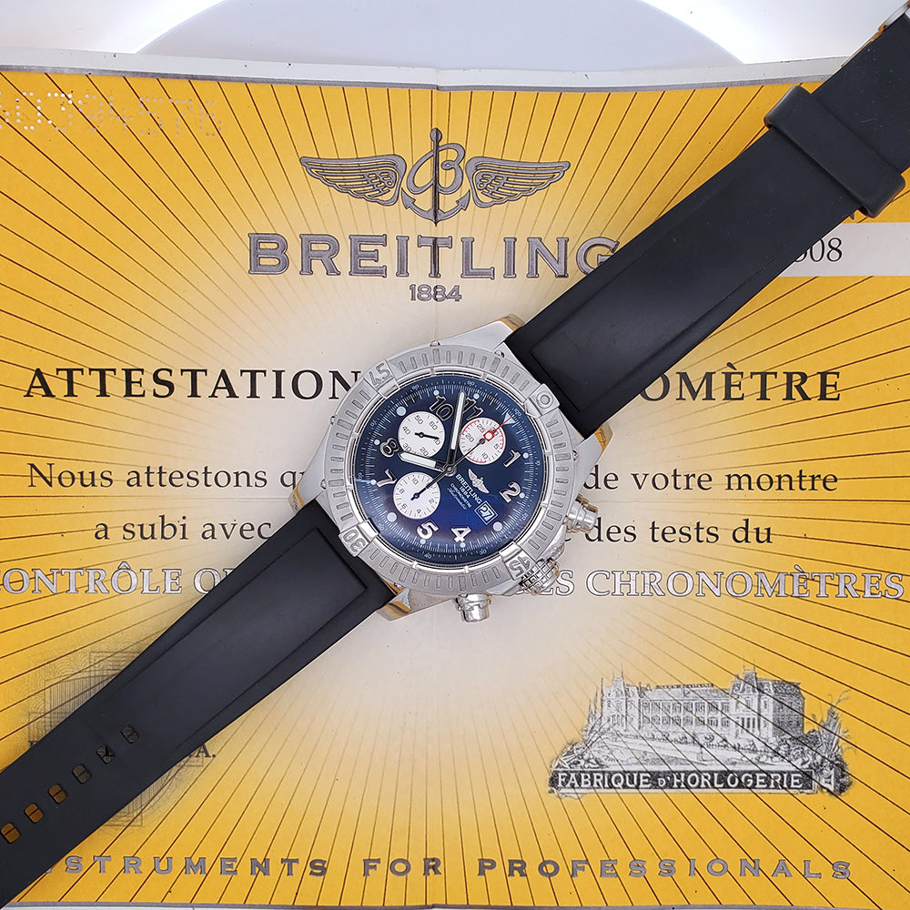 Breitling Super Avenger 49mm Chronograph Blue Dial Stainless Rubber Watch A13370 Papers