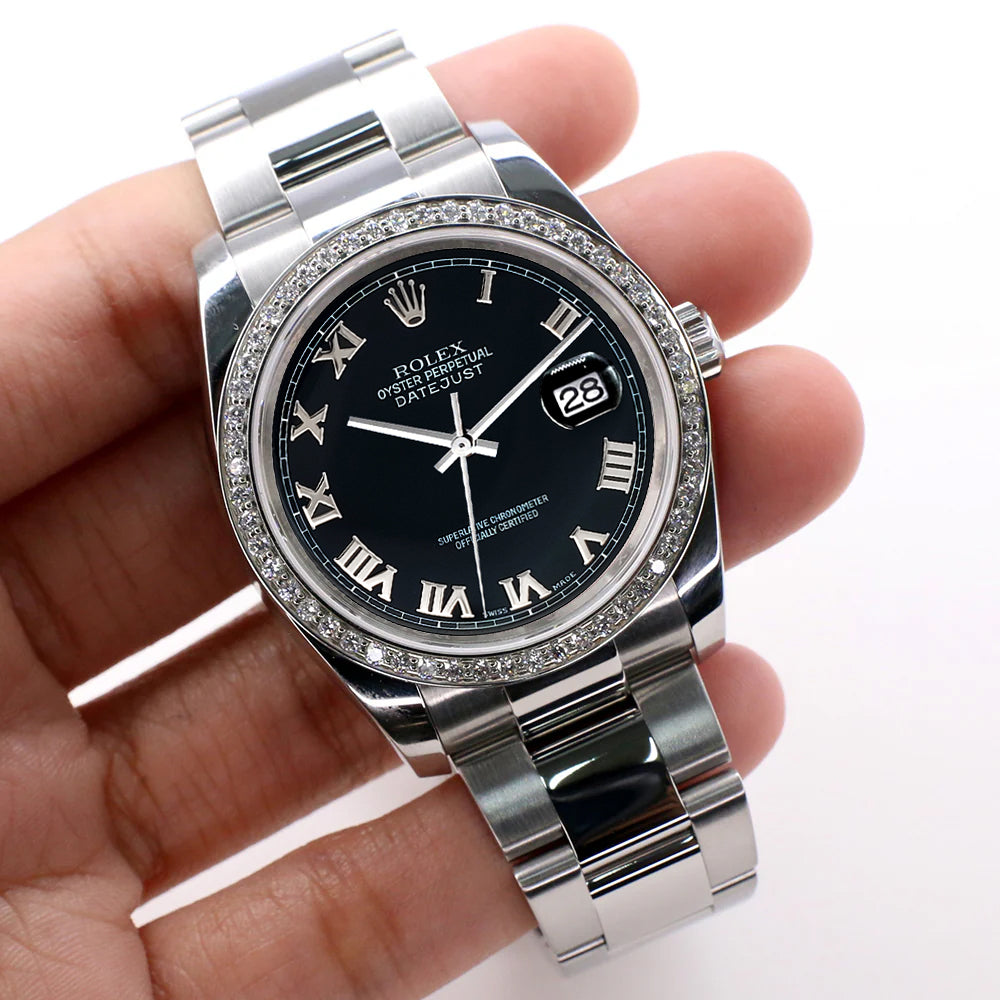 Rolex Datejust 36mm Black Roman Dial Oyster Watch with custom VS1 Diamond Bezel 116200