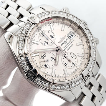 Breitling Chronomat Evolution Chronograph Silver Dial/Factory Diamond Bezel 44mm Watch B13356 Box Papers