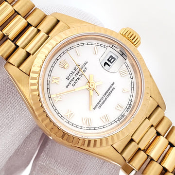 Rolex President Ladies Datejust 26mm White Roman Yellow Gold Watch 69178