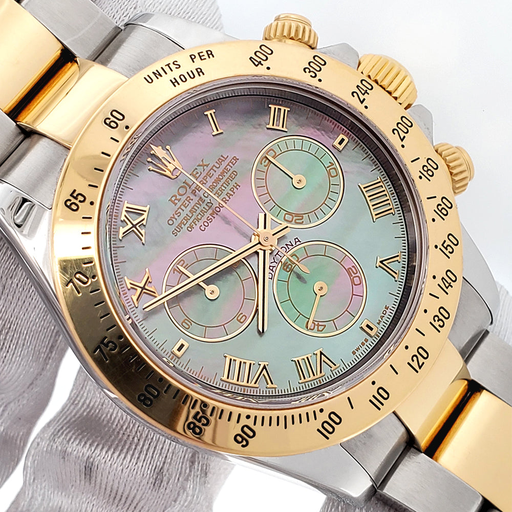 Rolex Cosmograph Daytona Factory Tahitian Mother of Pearl Dial Yellow Gold/ Steel Watch 116523 Box/Papers/Service Papers