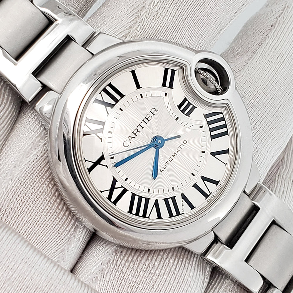 Cartier Ballon Bleu 33mm Silver Roman Dial Stainless Steel Watch W6920071 3489 Papers