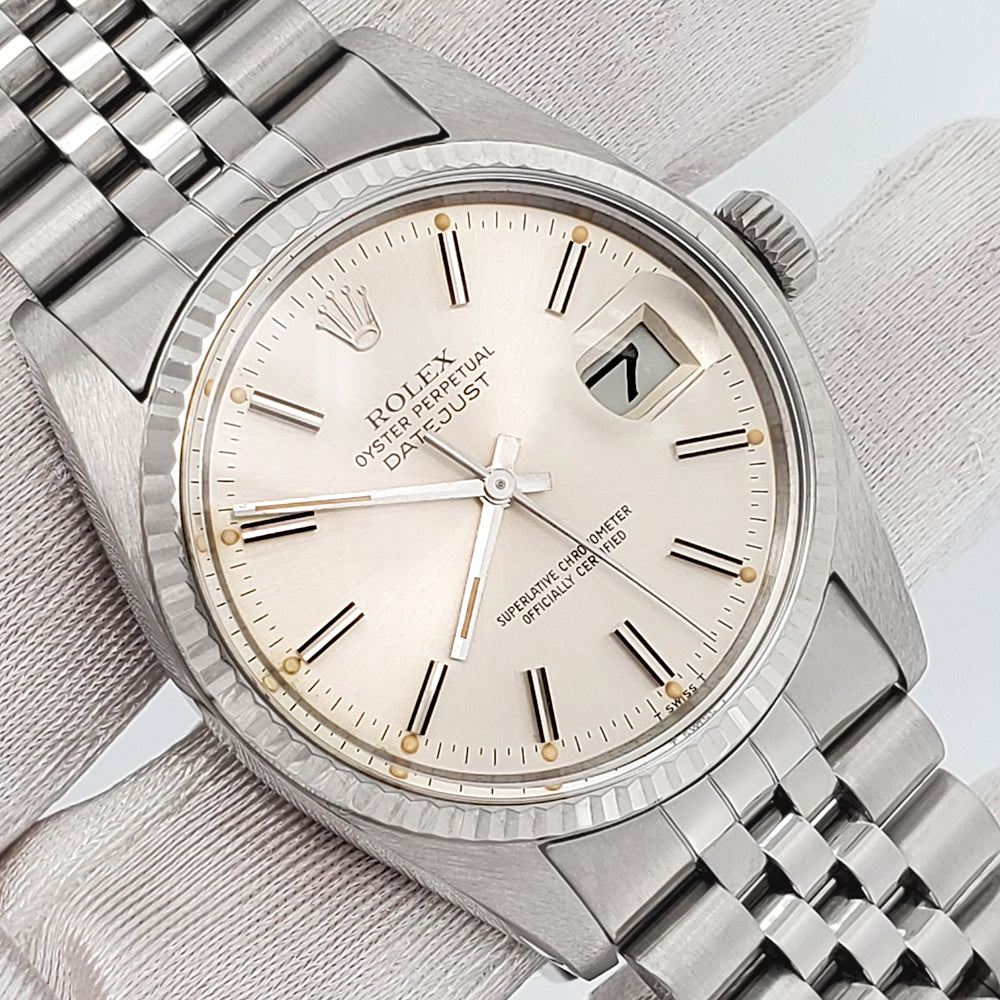 Rolex Datejust 36mm Silver Index Dial White Gold Fluted Steel Jubilee Watch 16014